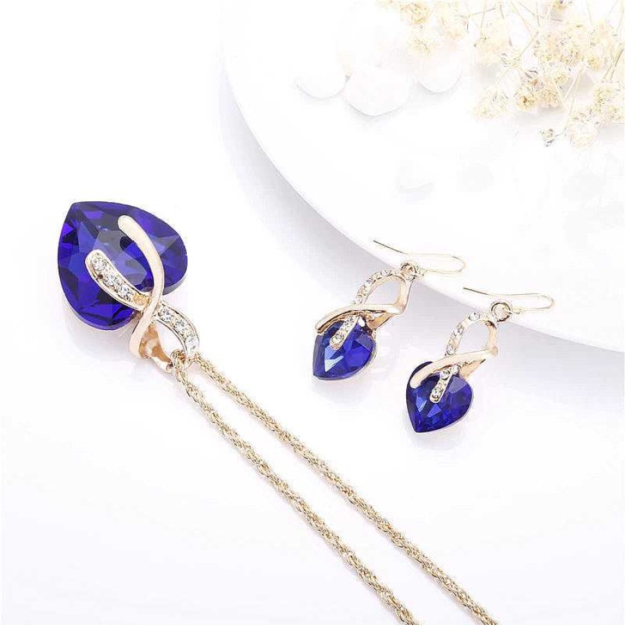 Colliers Paradise Jewels France | Ensemble Collier + Boucles D'Oreilles D'Amour Avec Zircon Bleu En Or