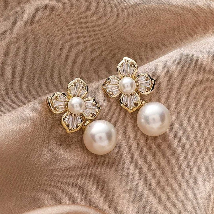 Boucles D'Oreilles Paradise Jewels France | Boucles D'Oreilles Fleur De Cristal Avec Perles En Or