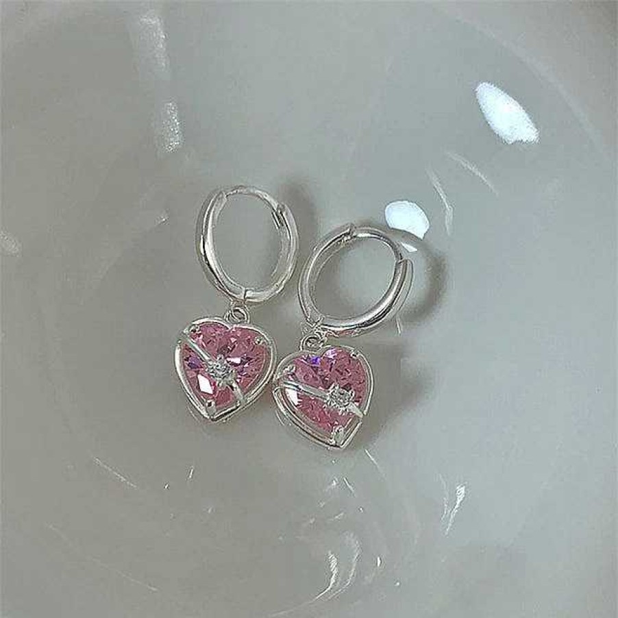 Bagues Paradise Jewels France | Boucles D'Oreilles Et Bague En Forme De C Ur En Cristal Rose En Argent Sterling