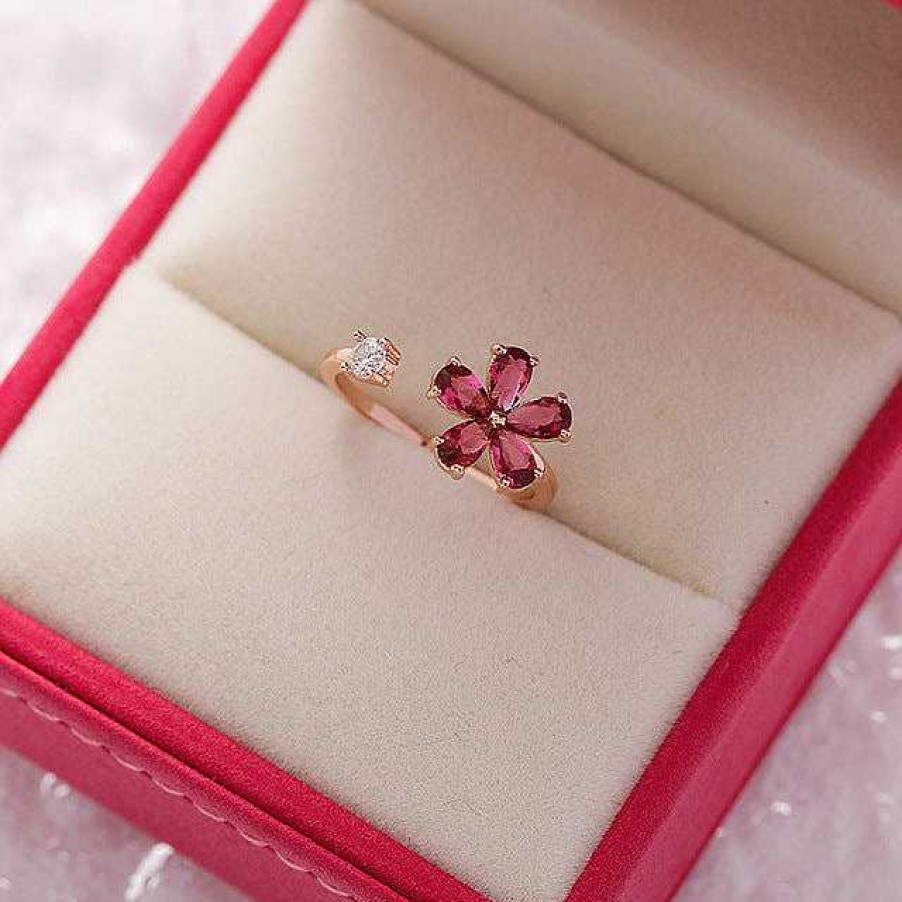 Bagues Paradise Jewels France | Bague R Glable Fleur En Cristal Rouge En Or