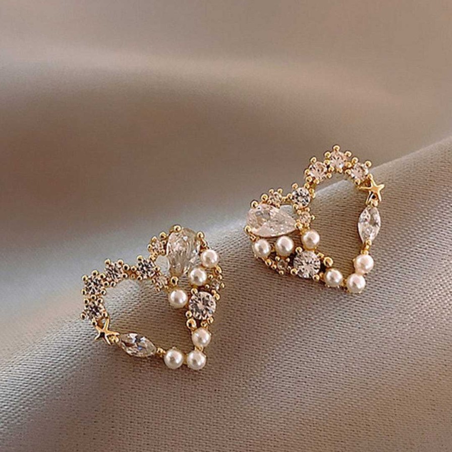 Boucles D'Oreilles Paradise Jewels France | Boucles D'Oreilles C Ur En Or Avec Perles Et Zircons