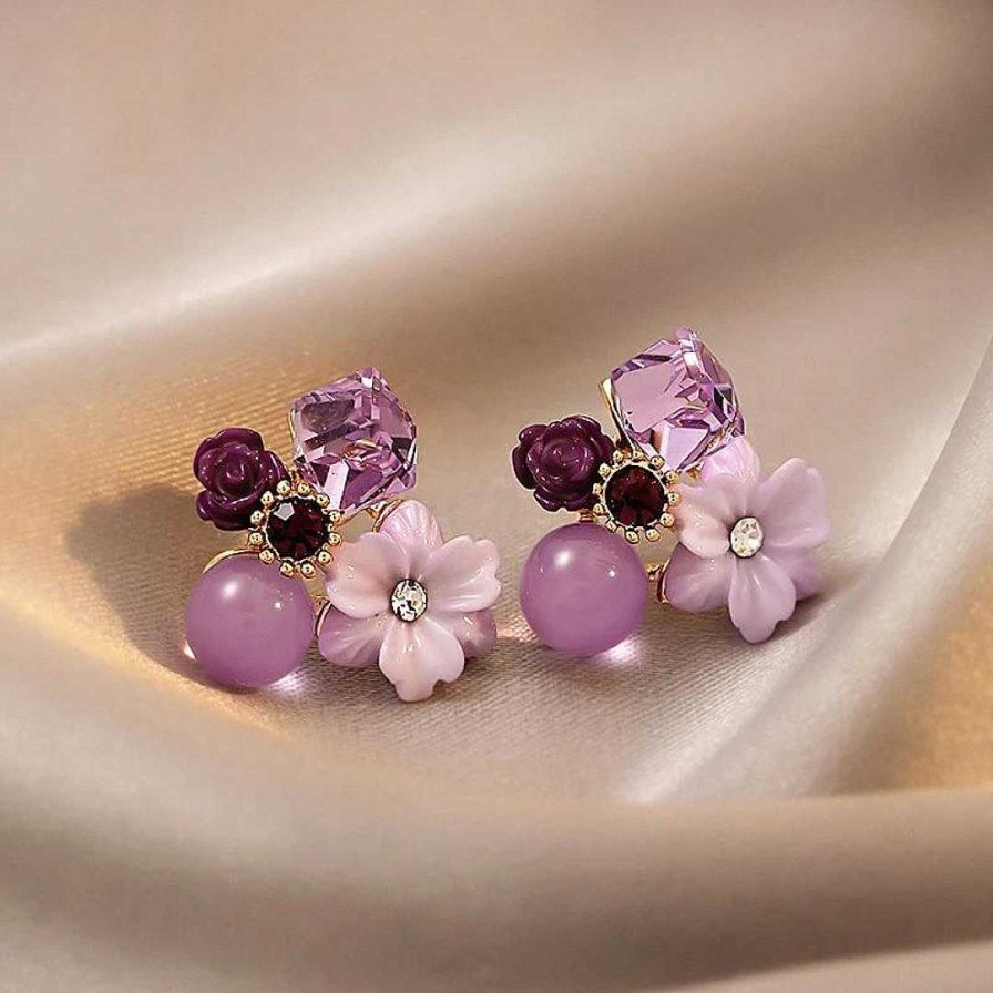 Boucles D'Oreilles Paradise Jewels France | Boucles D'Oreilles Fleur De Cristal Mauve En Or