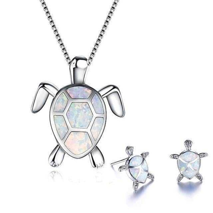 Boucles D'Oreilles Paradise Jewels France | Ensemble Collier Tortue De Mer Opale Et Argent + Boucles D'Oreilles