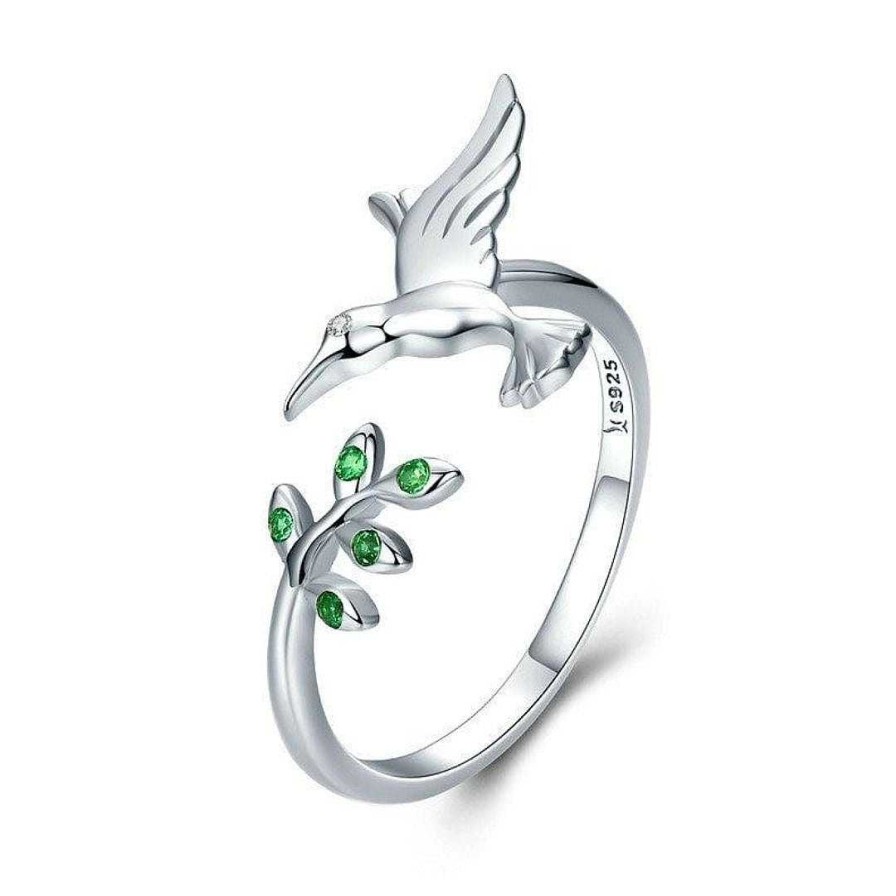 Bagues Paradise Jewels France | Bague Colibri En Argent Sterling 925 Avec Feuilles En Zirconium Vert