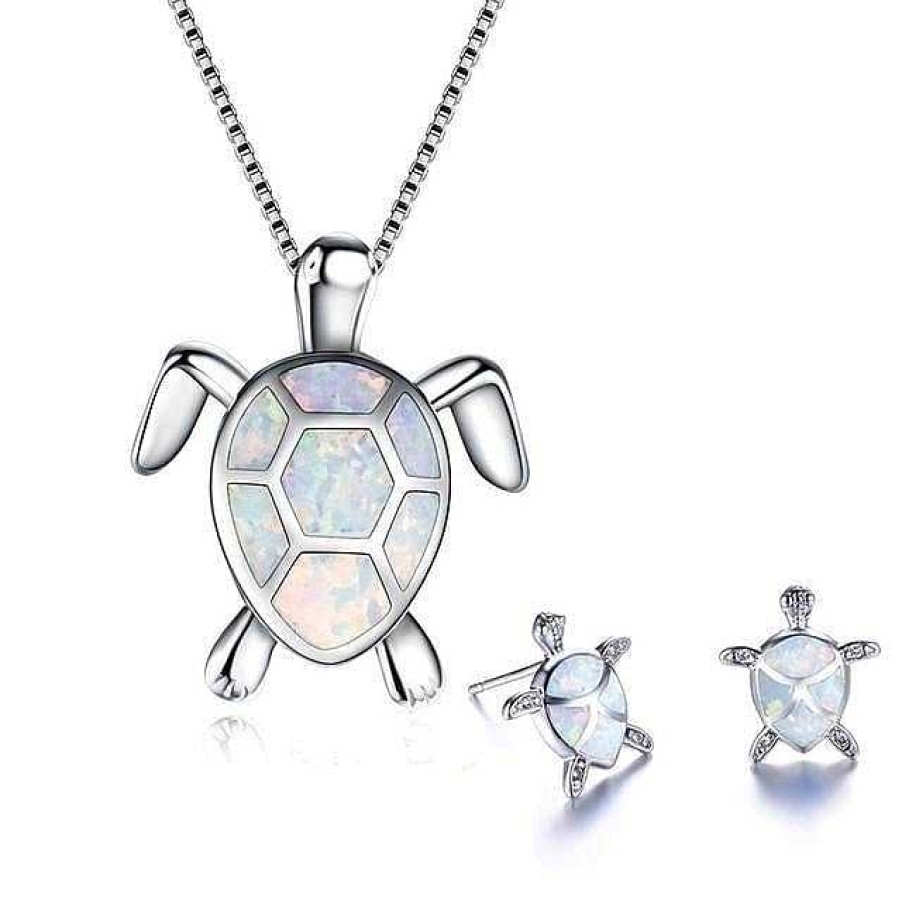 Colliers Paradise Jewels France | Ensemble Collier Tortue De Mer Opale Et Argent + Boucles D'Oreilles