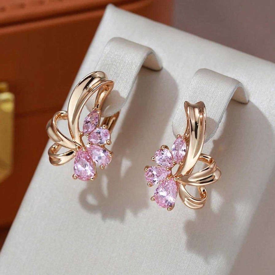 Boucles D'Oreilles Paradise Jewels France | Boucles D'Oreilles El Gant Fleur De Cristal Rose Avec Zirconia En Or