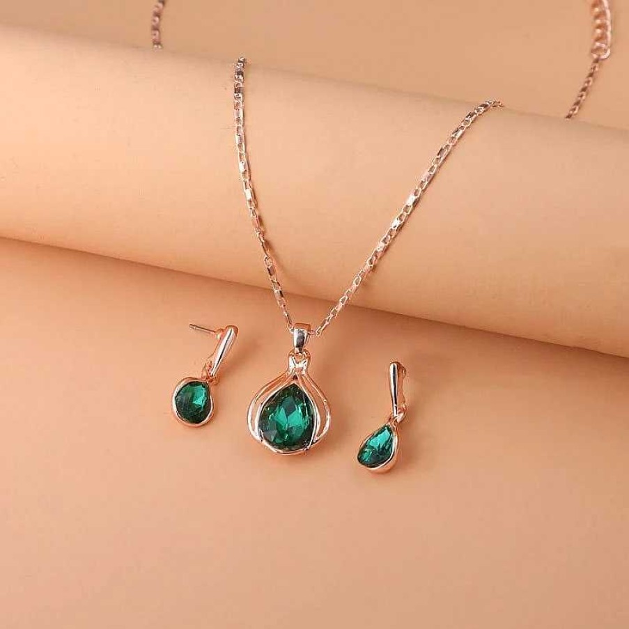 Colliers Paradise Jewels France | Set Collier + Boucles D'Oreilles En Cristal Vert En Or