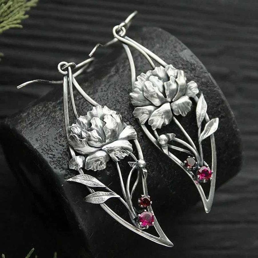 Boucles D'Oreilles Paradise Jewels France | Boucles D'Oreilles Boho Floral Avec Zircon Rouge En Argent