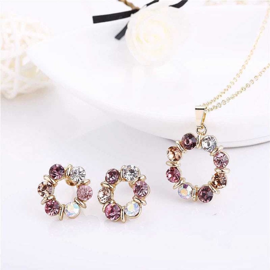 Colliers Paradise Jewels France | Collier + Boucles D'Oreilles Set De Cercles Avec Zircons En Or