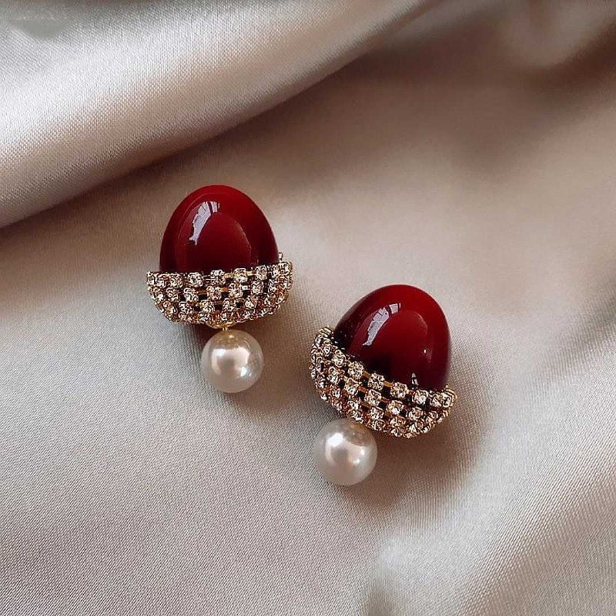 Boucles D'Oreilles Paradise Jewels France | Boucles D'Oreilles Noisette Rouge Avec Perles Et Zirconium En Pr