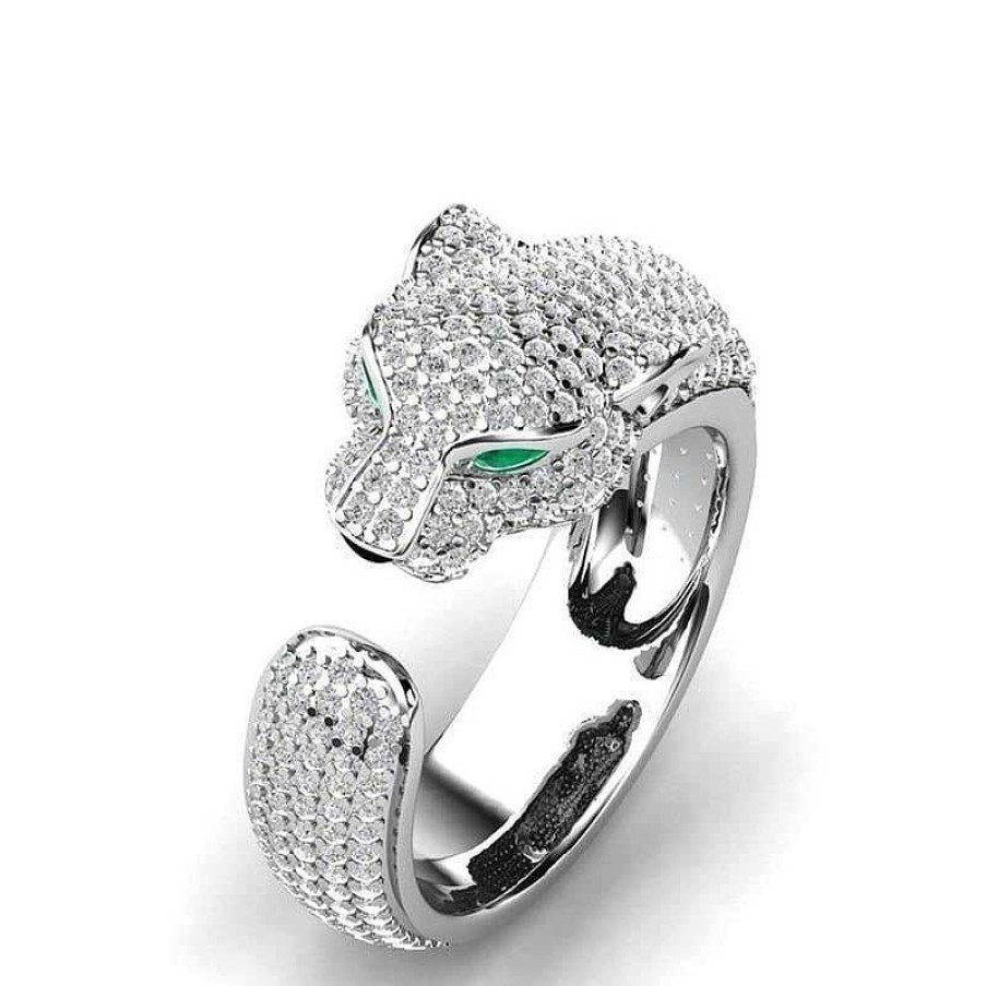 Bagues Paradise Jewels France | Bague Ajustable Jaguar En Et 18 Carats Avec Des Yeux En Zircon Vert