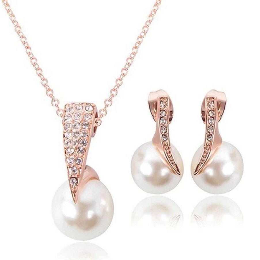 Colliers Paradise Jewels France | Ensemble Collier + Boucles D'Oreilles Avec Perles En Or Rose