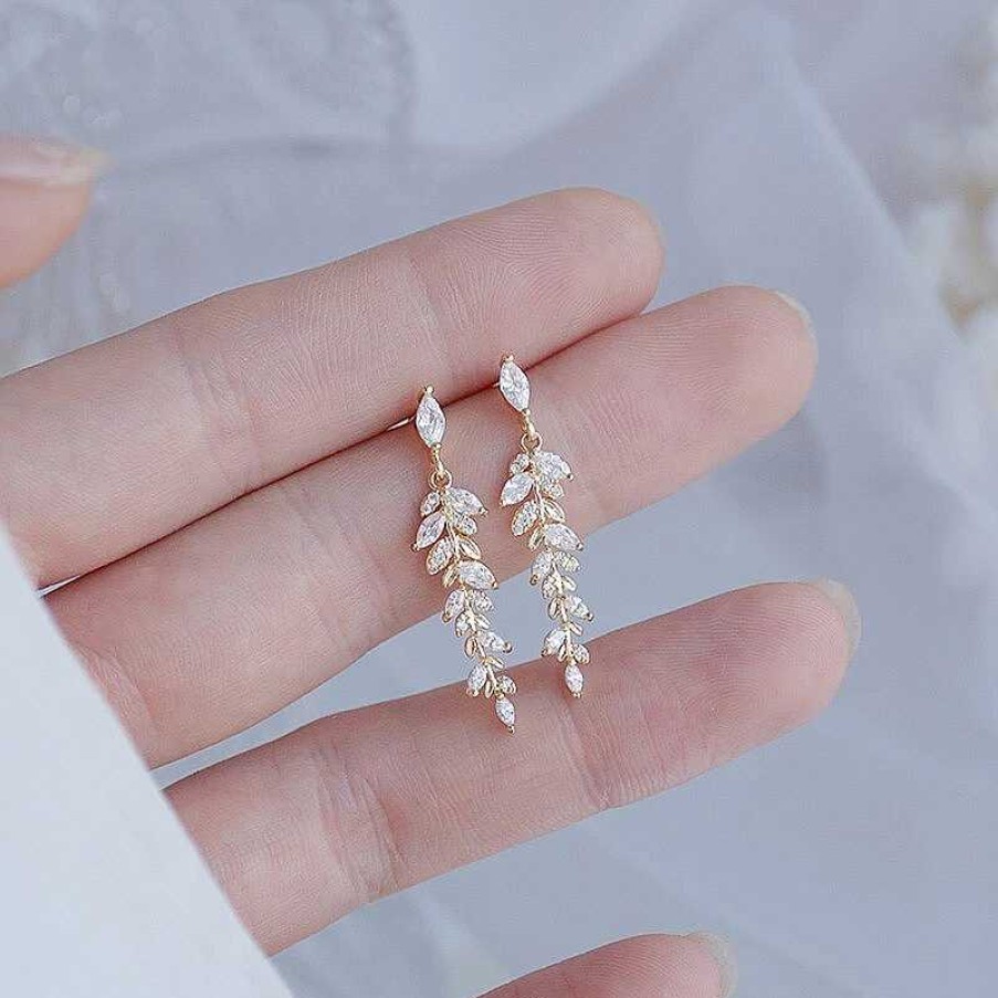 Boucles D'Oreilles Paradise Jewels France | Boucles D'Oreilles Pendantes Avec Feuilles En Zirconium En Or