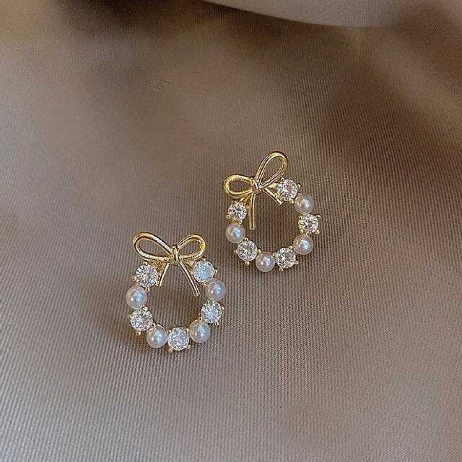 Boucles D'Oreilles Paradise Jewels France | Boucles D'Oreilles De N Ud De No L Avec Perles Et Zircons En Or