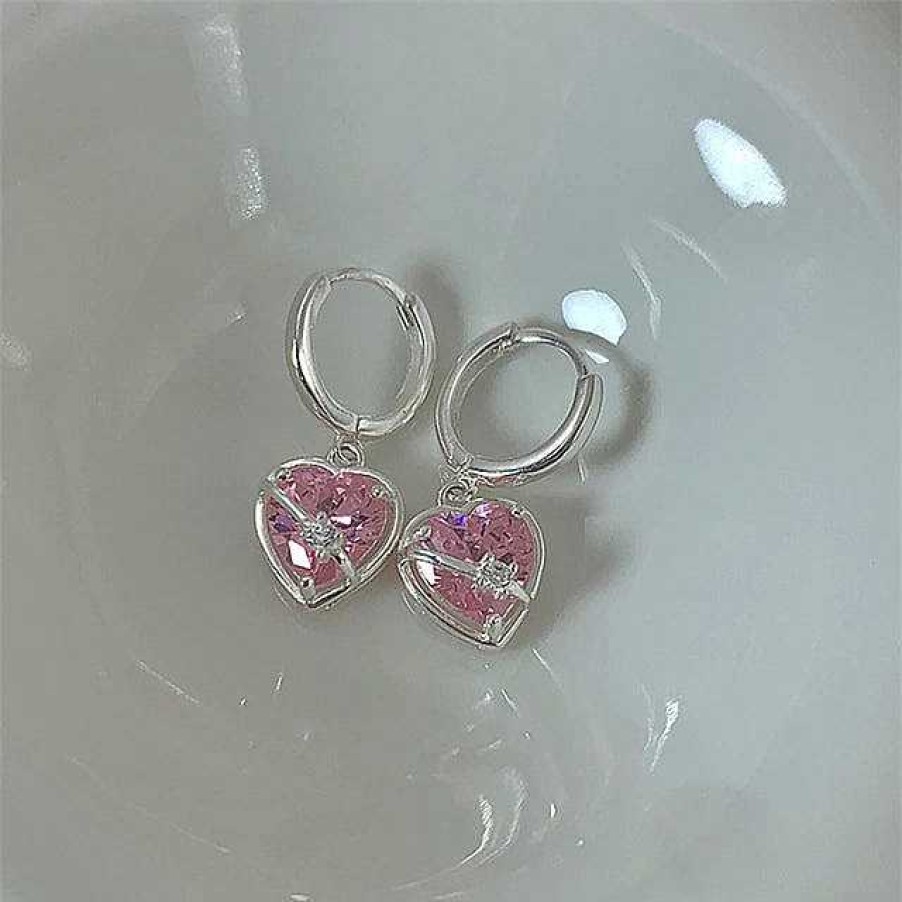 Boucles D'Oreilles Paradise Jewels France | Boucles D'Oreilles Et Bague En Forme De C Ur En Cristal Rose En Argent Sterling