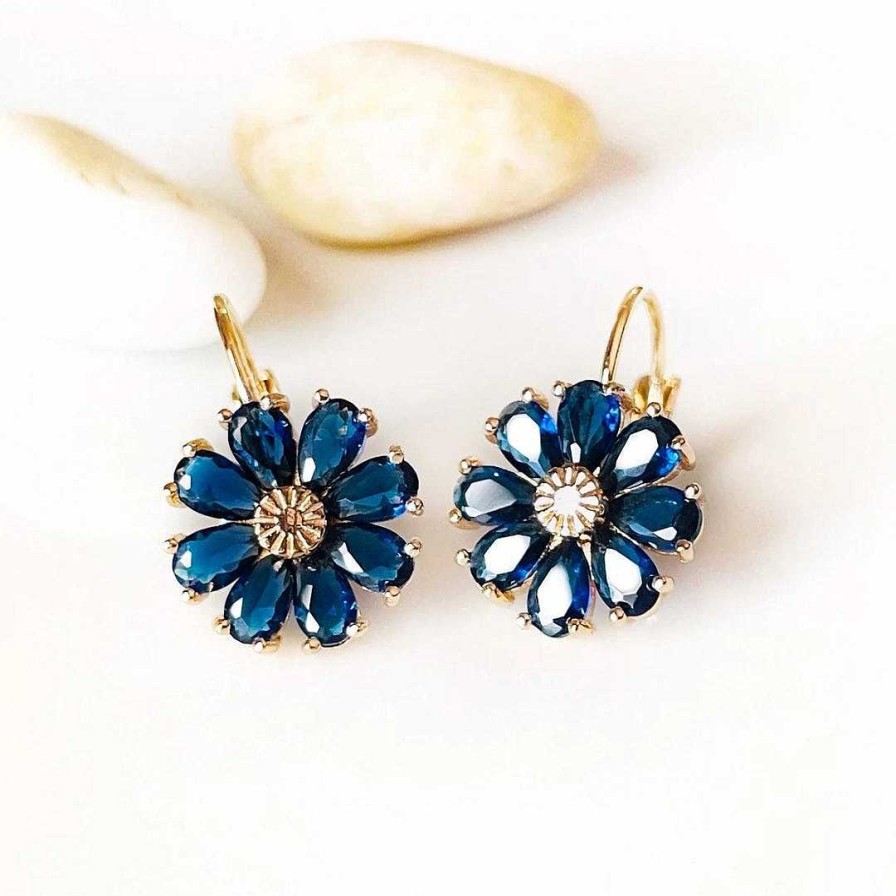 Boucles D'Oreilles Paradise Jewels France | Boucles D'Oreilles Marguerite En Or Avec Zirconium Bleu