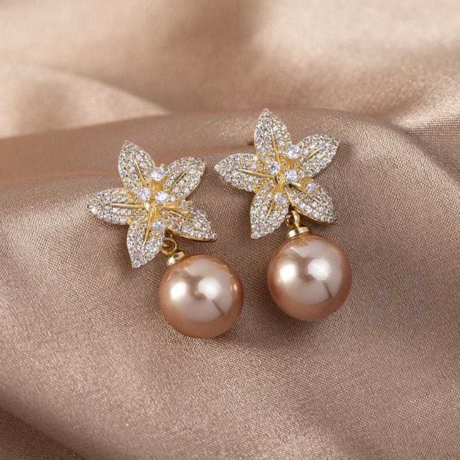 Boucles D'Oreilles Paradise Jewels France | Boucles D'Oreilles Florales De Luxe Avec Zircons Et Perles En Or