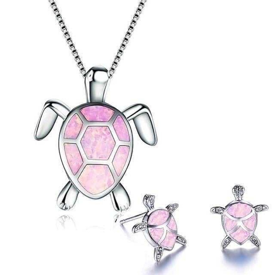 Colliers Paradise Jewels France | Ensemble Collier Tortue De Mer Opale Et Argent + Boucles D'Oreilles