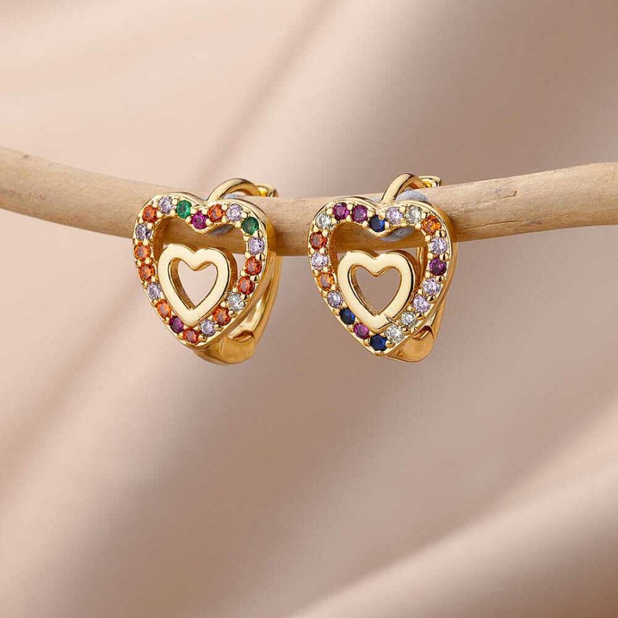 Boucles D'Oreilles Paradise Jewels France | Boucles D'Oreilles Minimalistes En Coeur Avec Cristaux Multicolores En Or