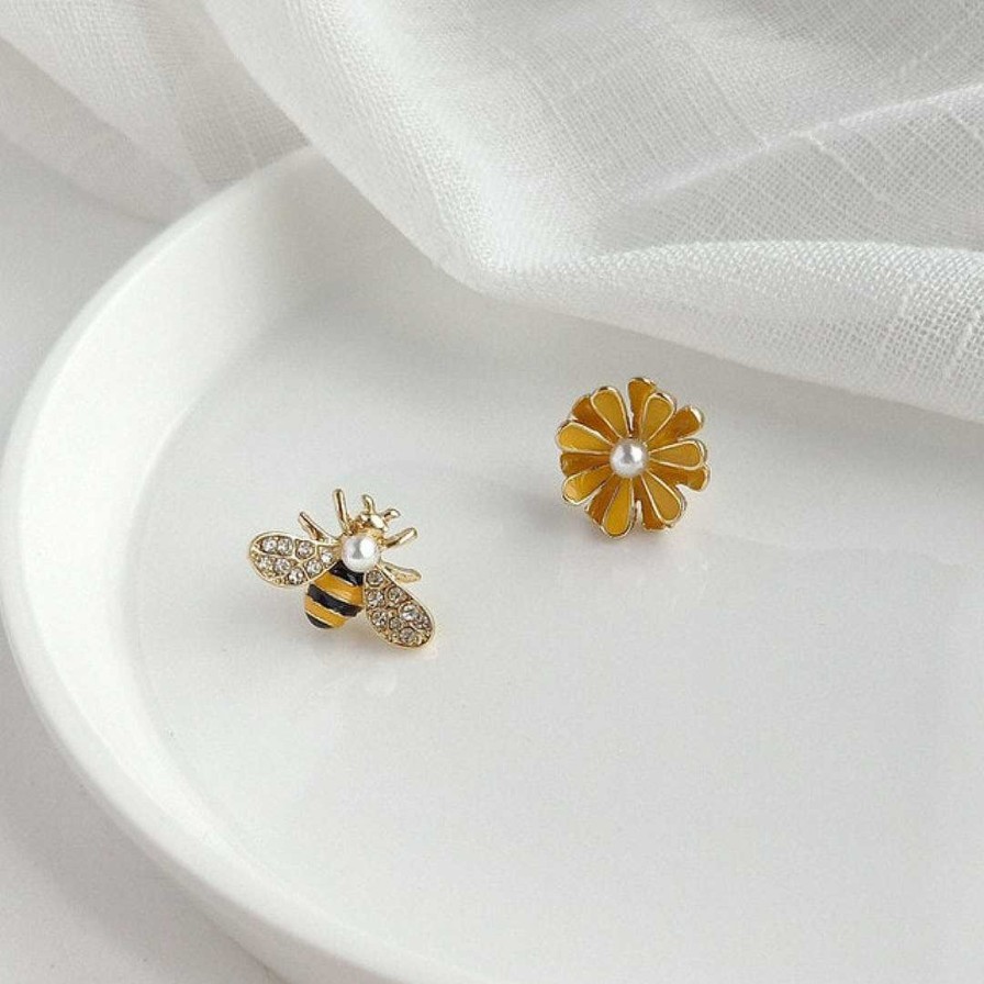 Boucles D'Oreilles Paradise Jewels France | Boucles D'Oreilles Abeille Et Marguerite En Or Et Zirconias