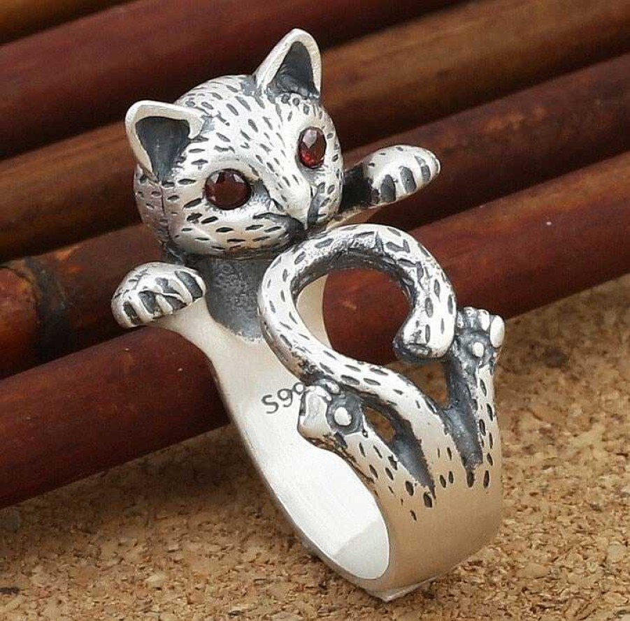 Bagues Paradise Jewels France | Bague R Glable En Argent Sterling 925 Avec Chat Peint La Main