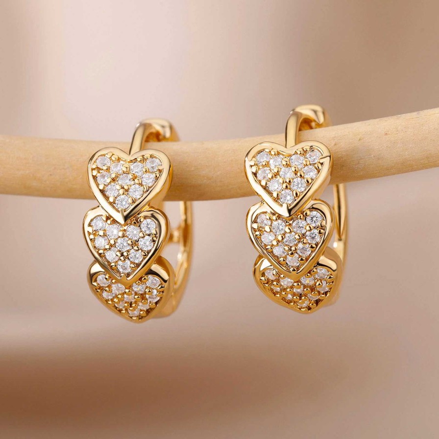 Boucles D'Oreilles Paradise Jewels France | Boucles D'Oreilles Minimalistes Triple Coeur Brillant En Or