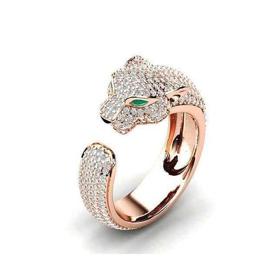 Bagues Paradise Jewels France | Bague Ajustable Jaguar En Et 18 Carats Avec Des Yeux En Zircon Vert