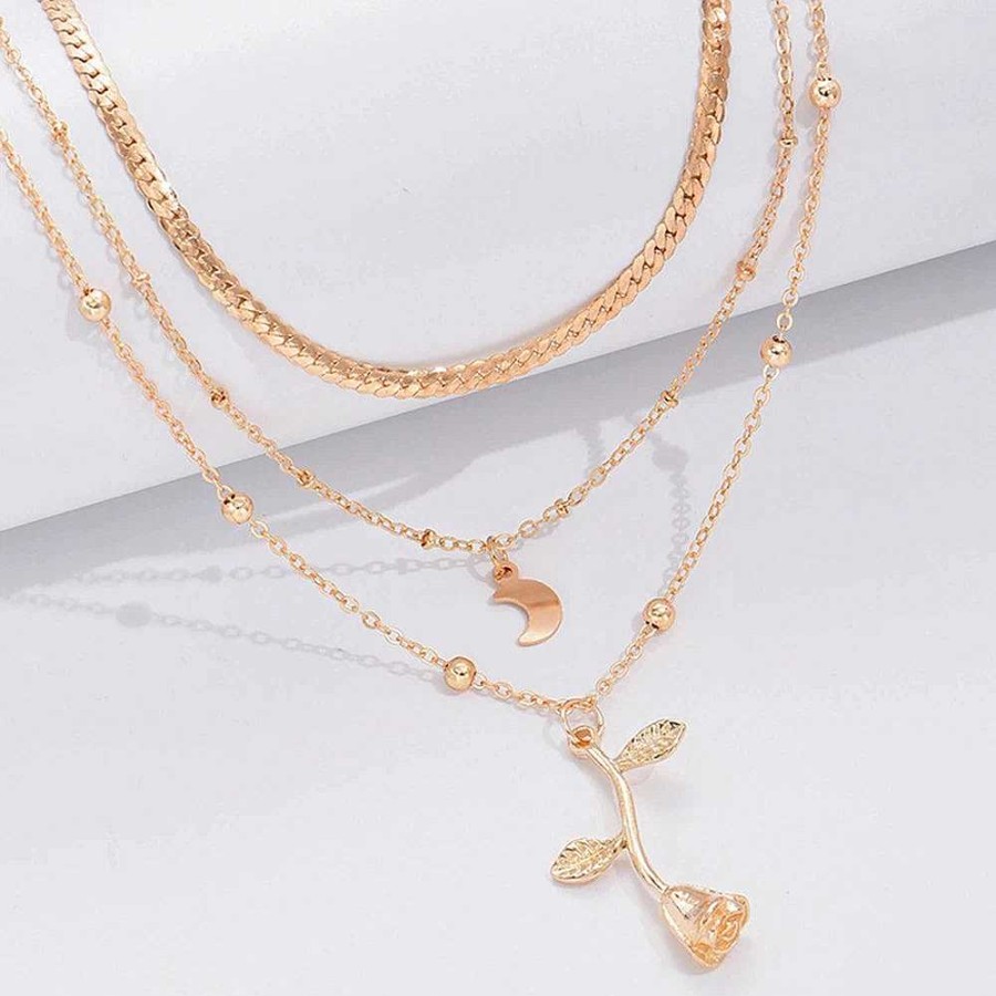 Colliers Paradise Jewels France | Collier Pendentifs Rose Et Lune En Or