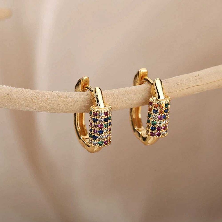 Boucles D'Oreilles Paradise Jewels France | Boucles D'Oreilles Minimalistes Avec Zircones Multicolores En Or