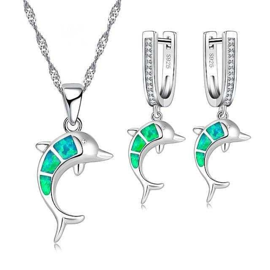 Colliers Paradise Jewels France | Ensemble Collier Dauphin + Boucles D'Oreilles En Opale Et Argent