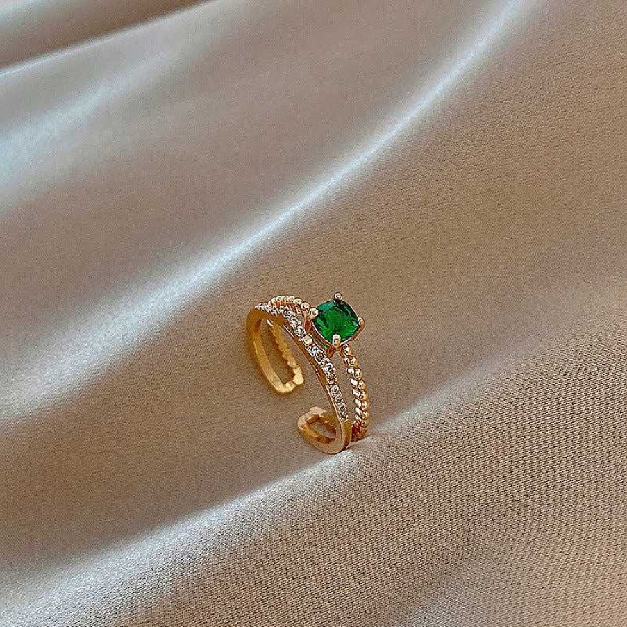 Bagues Paradise Jewels France | Bague R Glable En Cristal Vert Avec Zircon En Or