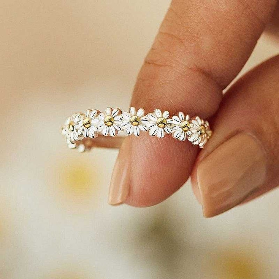 Bagues Paradise Jewels France | Bague Ajustable Marguerites En Argent 925 Et Mail Peint La Main