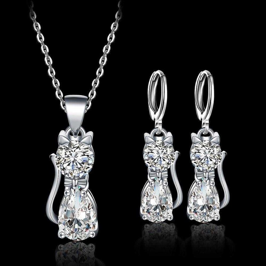 Colliers Paradise Jewels France | Ensemble Collier + Boucles D'Oreilles Happy Cats En Argent Et Zircon Poli Blanc