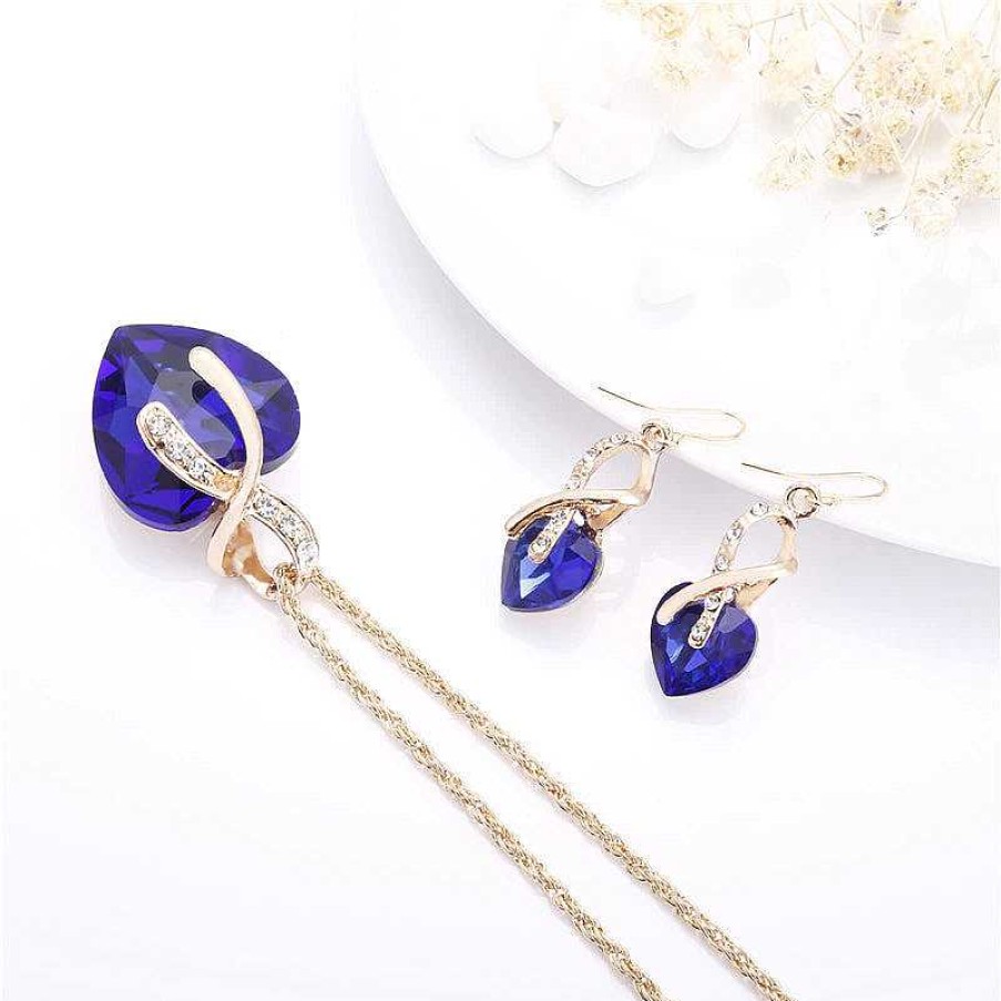 Boucles D'Oreilles Paradise Jewels France | Ensemble Collier + Boucles D'Oreilles D'Amour Avec Zircon Bleu En Or