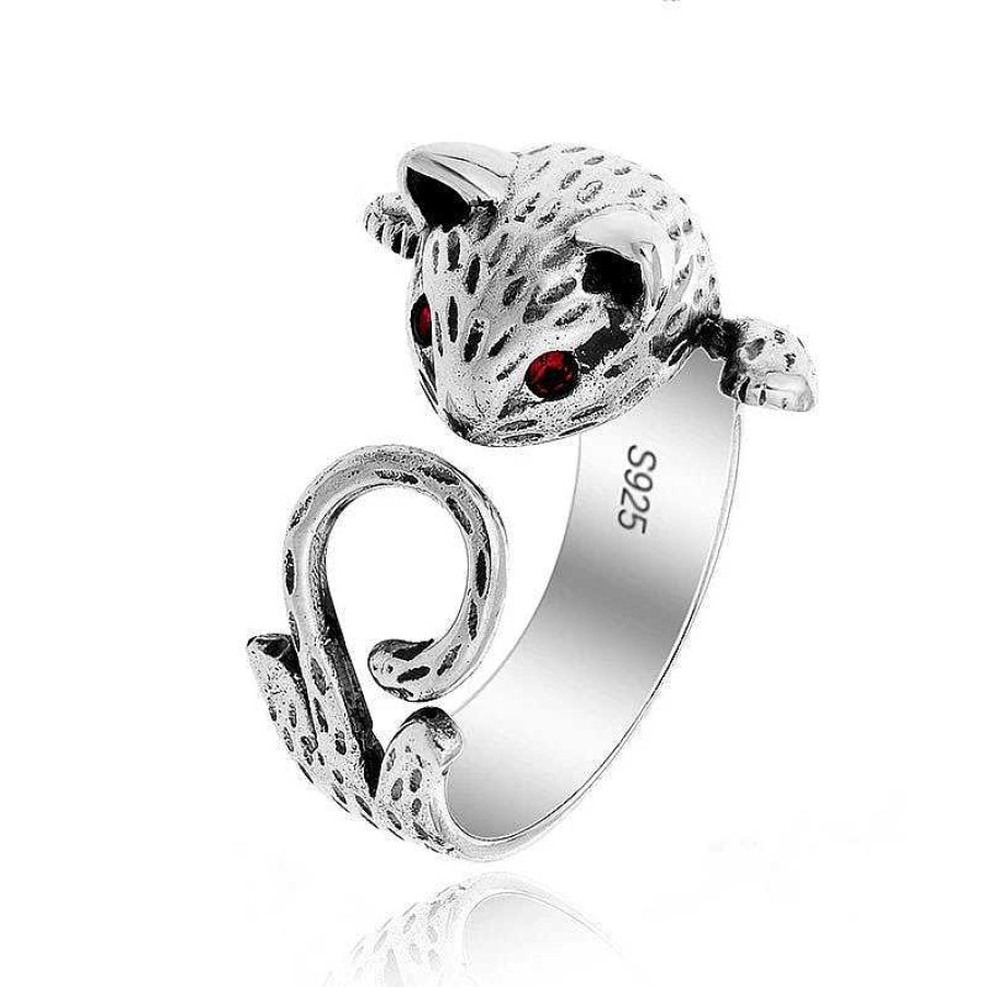 Bagues Paradise Jewels France | Bague R Glable En Argent Sterling 925 Avec Chat Peint La Main