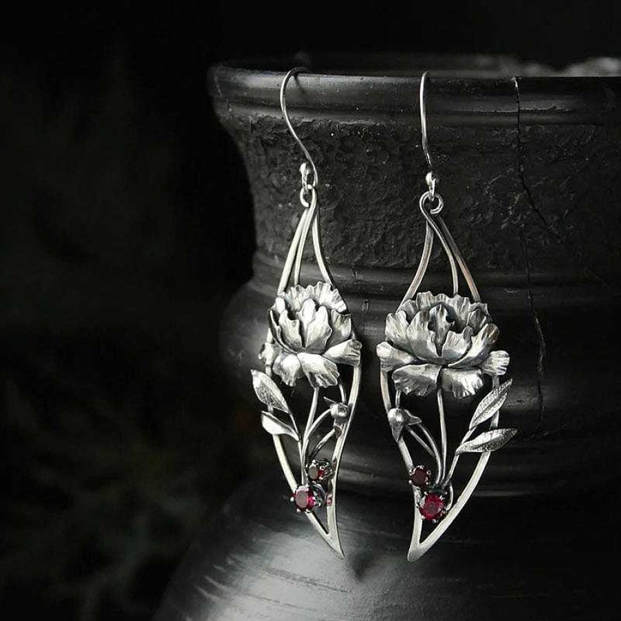 Boucles D'Oreilles Paradise Jewels France | Boucles D'Oreilles Boho Floral Avec Zircon Rouge En Argent