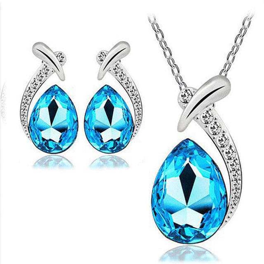 Boucles D'Oreilles Paradise Jewels France | Ensemble Collier + Boucles D'Oreilles En Zirconium Bleu En Argent Sterling