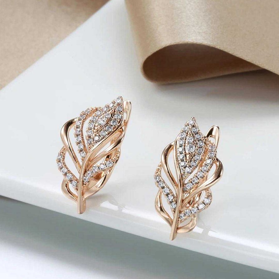 Boucles D'Oreilles Paradise Jewels France | Boucles D'Oreilles Feuilles El Gantes Avec Zirconia En Or