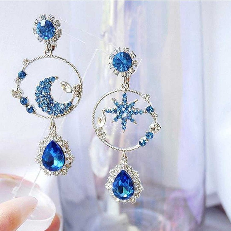 Boucles D'Oreilles Paradise Jewels France | Boucles D'Oreilles Lune Et Toile Avec Zircon Bleu En Argent