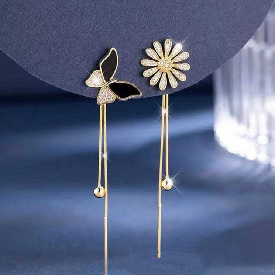 Boucles D'Oreilles Paradise Jewels France | Boucles D'Oreilles Daisy Et Papillon Brillant En Or