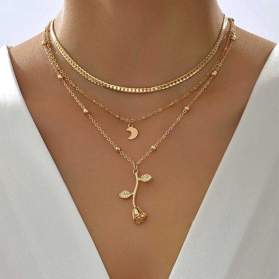 Colliers Paradise Jewels France | Collier Pendentifs Rose Et Lune En Or